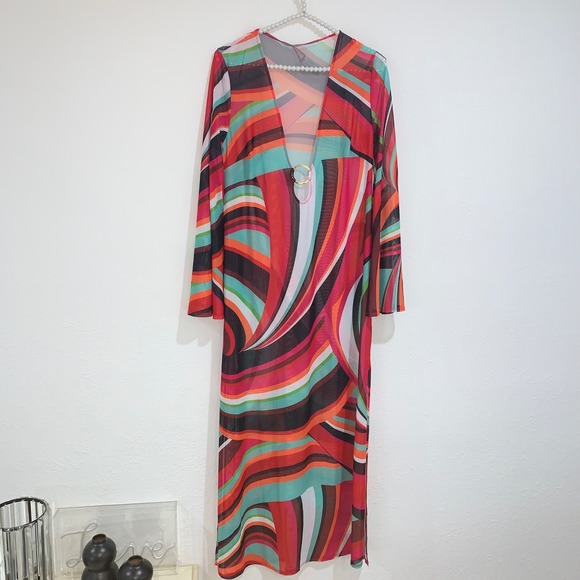 Trina Turk swoop fluted sleeve maxi coverup size medium new with tags pink green - Picture 8 of 14